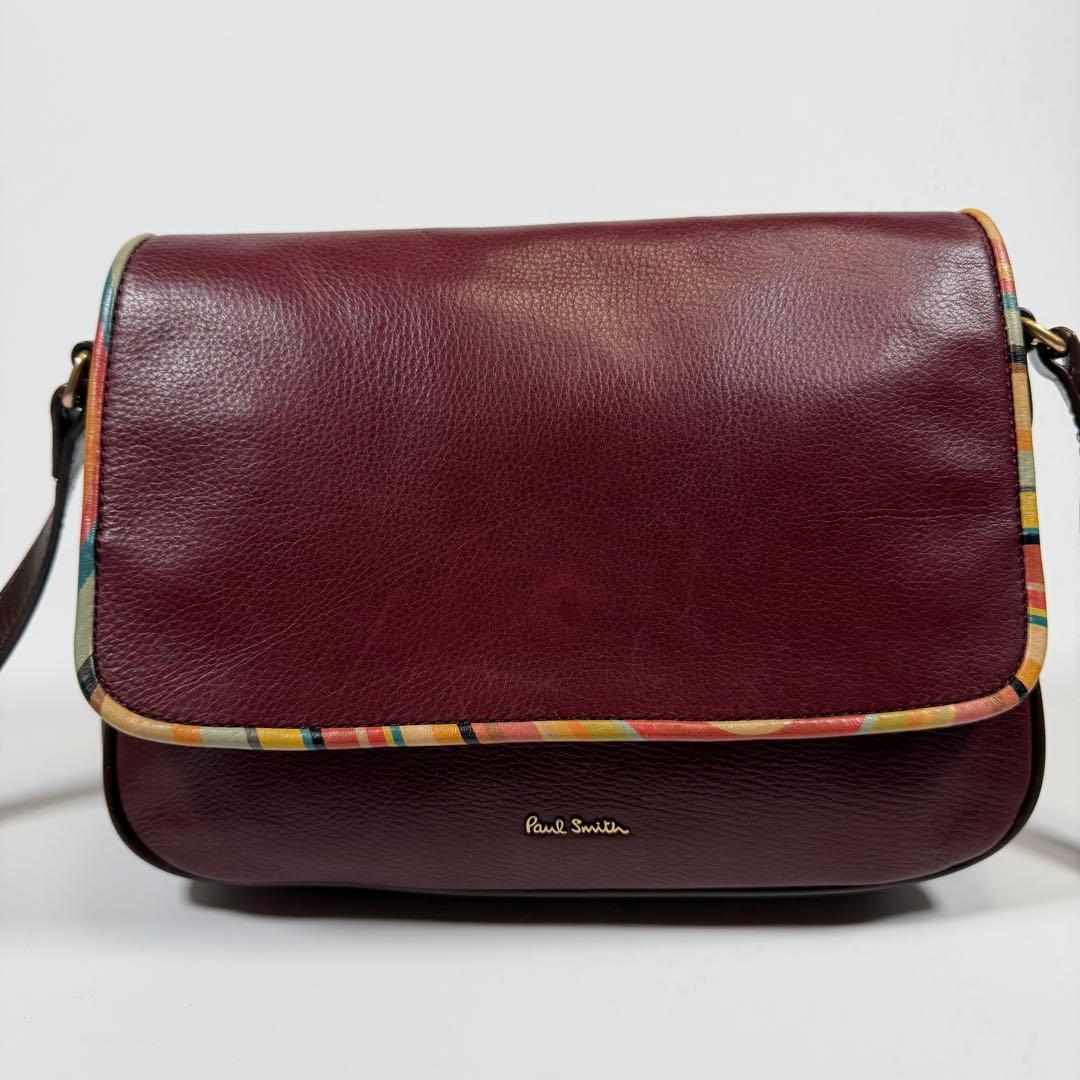 【美品】ポールスミス　ショルダーバッグ　シボ革　マルチストライプ　ボルドー