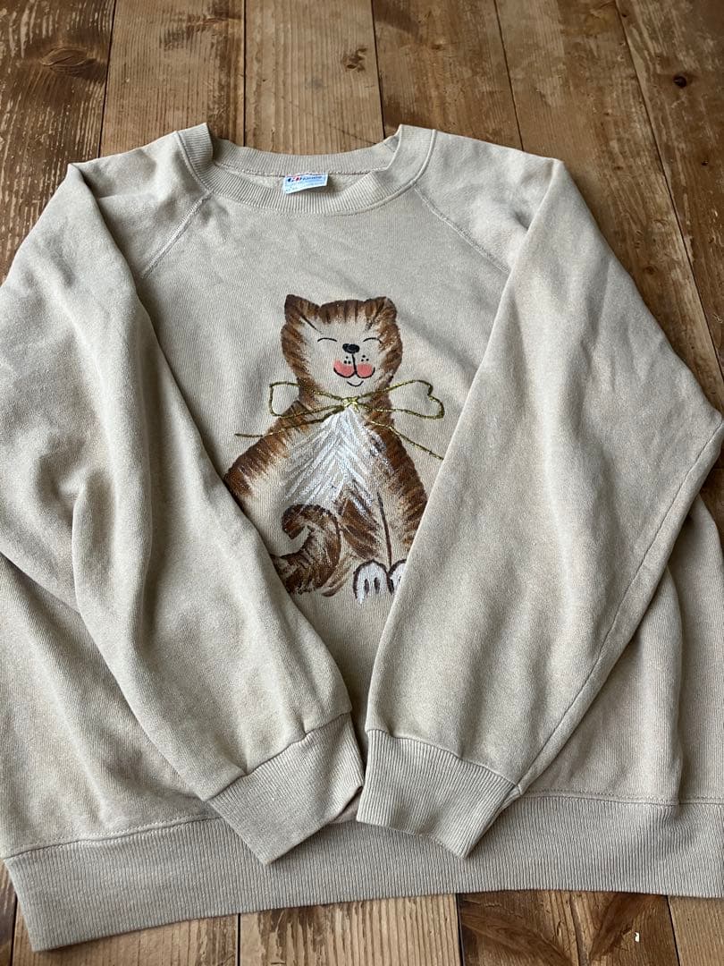 Hanes ヘインズ スエット L 42-44 ベージュ 80s 猫柄 USA製