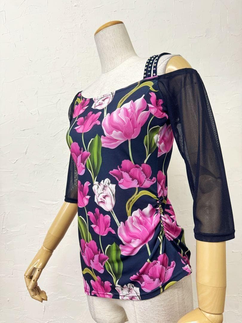 【紺】新品　社交ダンス　ピンク花柄プリント　アシンメトリーカットソーr241
