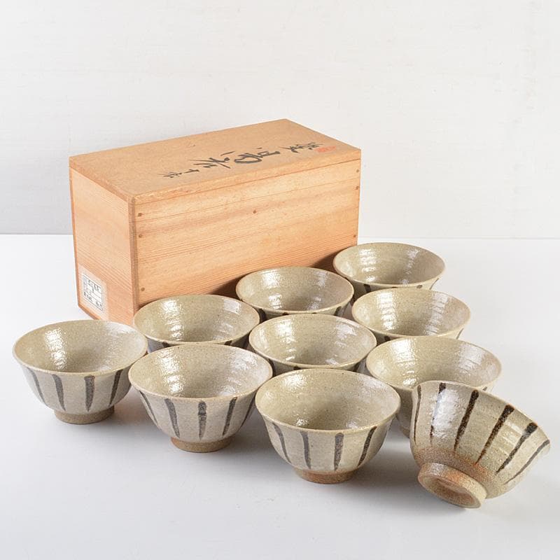 煎茶道具　瀬戸焼　陣出窯　澤田酔云作　線文　湯呑　十客　共箱　C　R7149