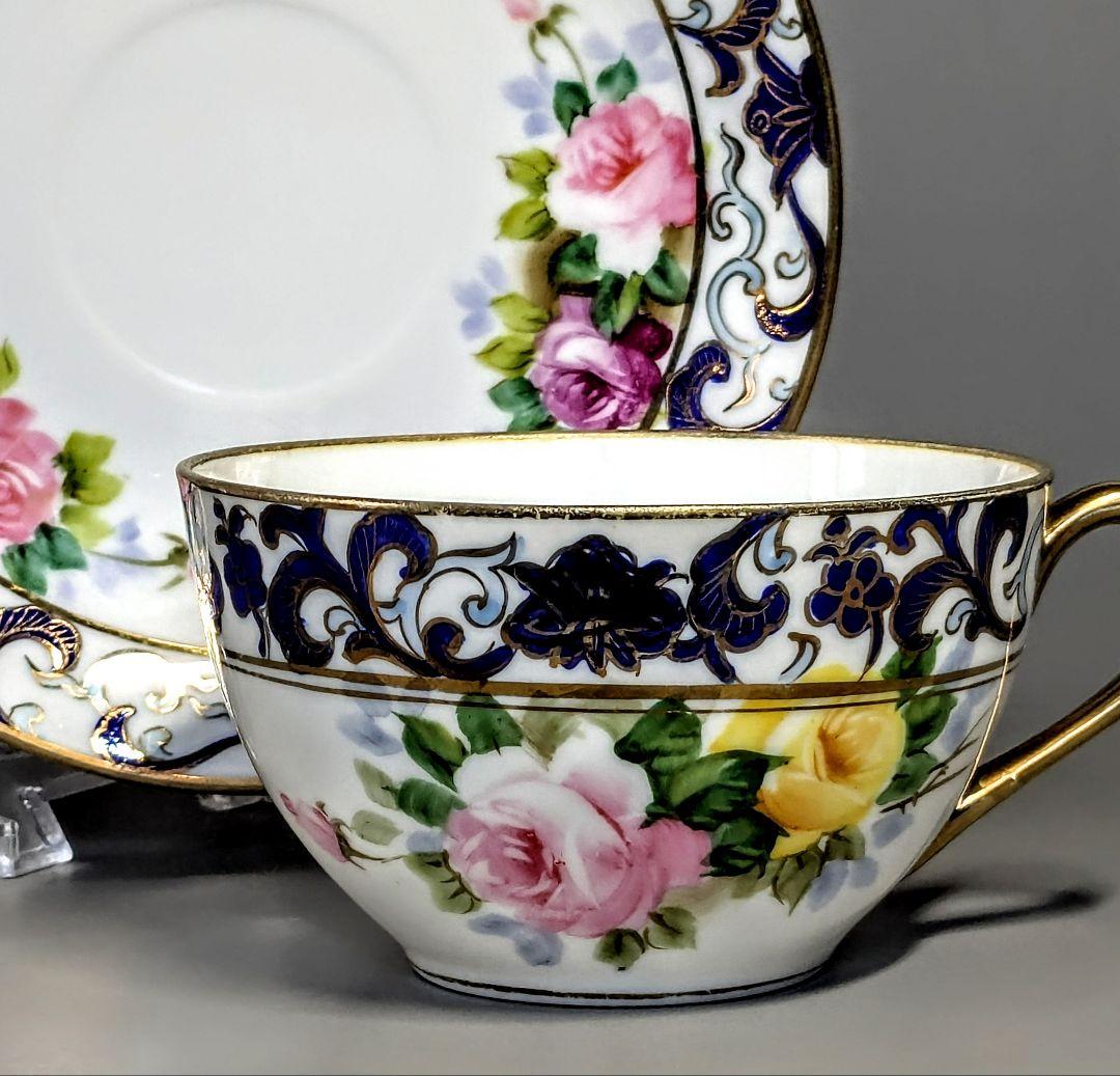 オールドノリタケ銘品!! 金彩藍帯薔薇図紋　キャビネットカップ＆ソーサー