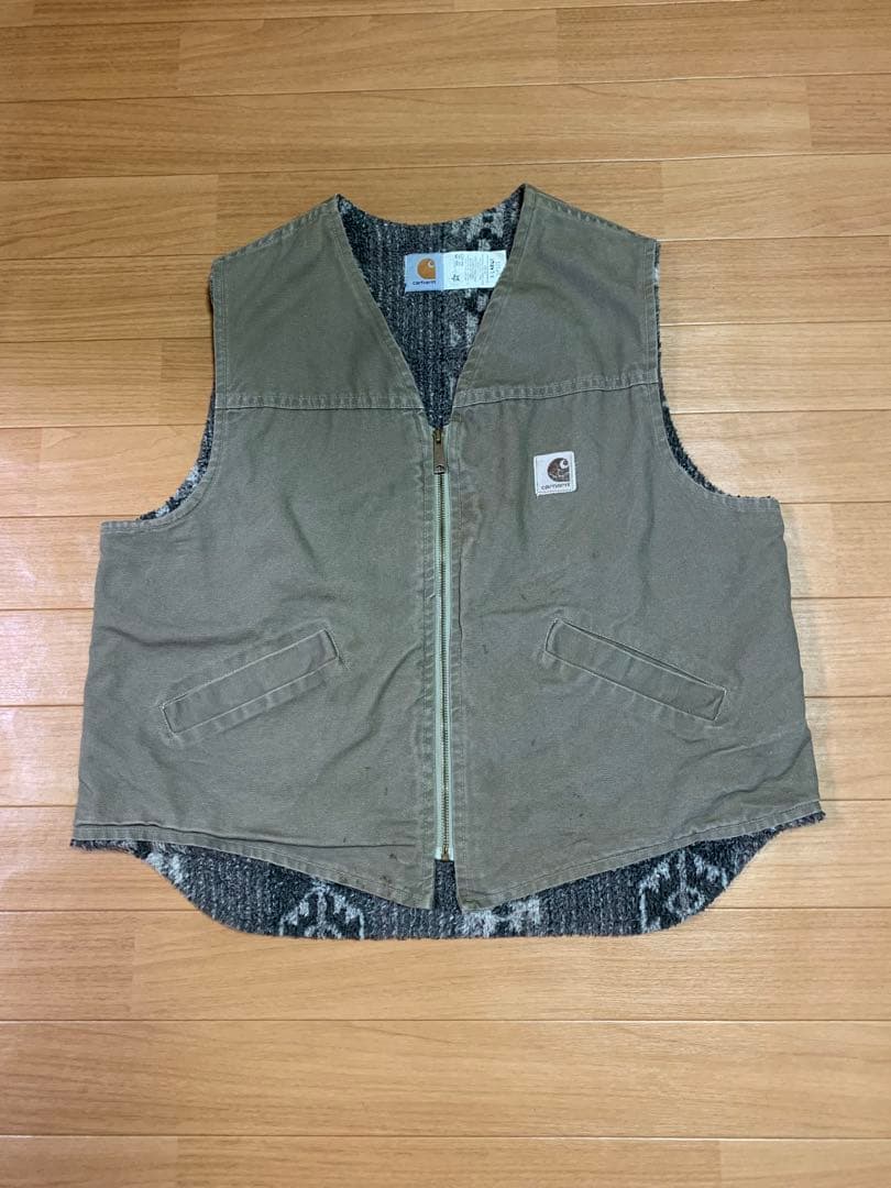 USA Carharttダック地ベスト 裏地ネイティブ柄 ボア ライナーXL