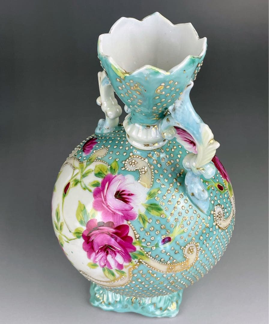 【希少】オールドニッポン 約２３cm アールヌーボー薔薇紋金盛り花瓶 ターコイズ