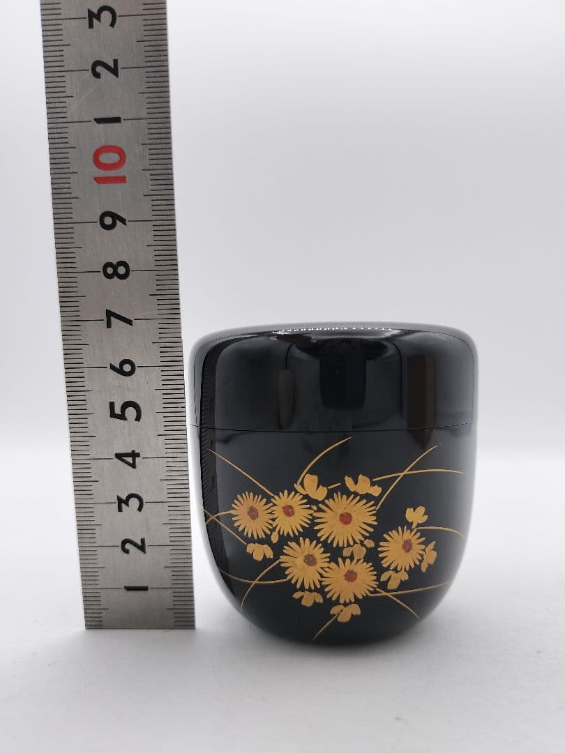 c614 黒中棗 菊蒔絵 岡本陽斎 木箱 茶道具 古物
