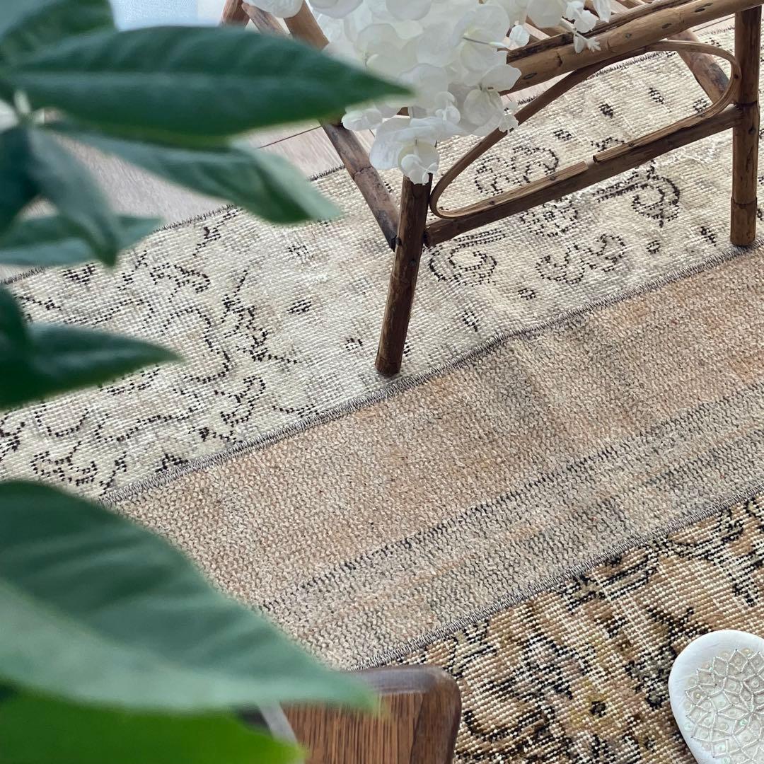 パッチワーク✳︎ 67×139ベージュ　フラワー　イエロー　トルコヴィンテージラグ