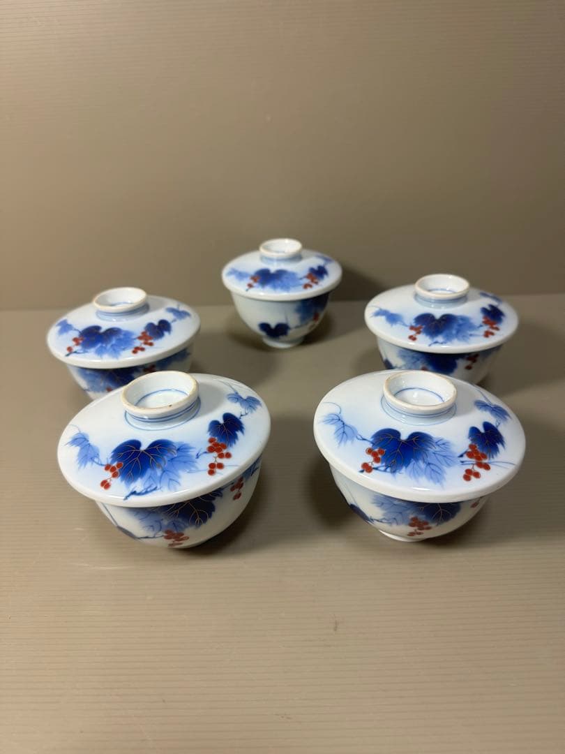 2210 有田焼 芳祥堂特製　葡萄瑠璃　湯呑蓋付　5客