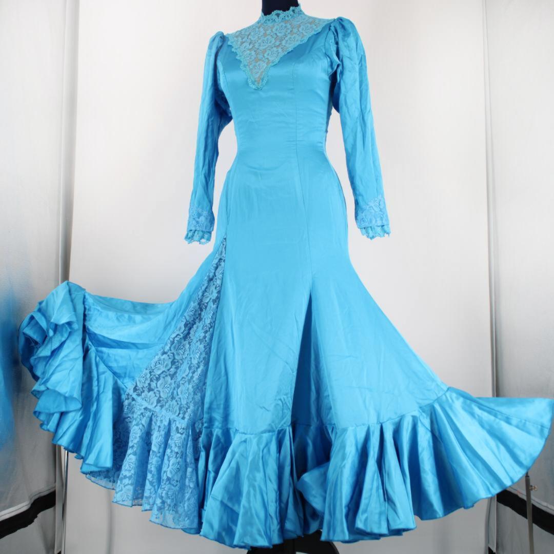 【フラメンコ衣装】ブルー naja ワンピース ドレス ボランテ レース 青