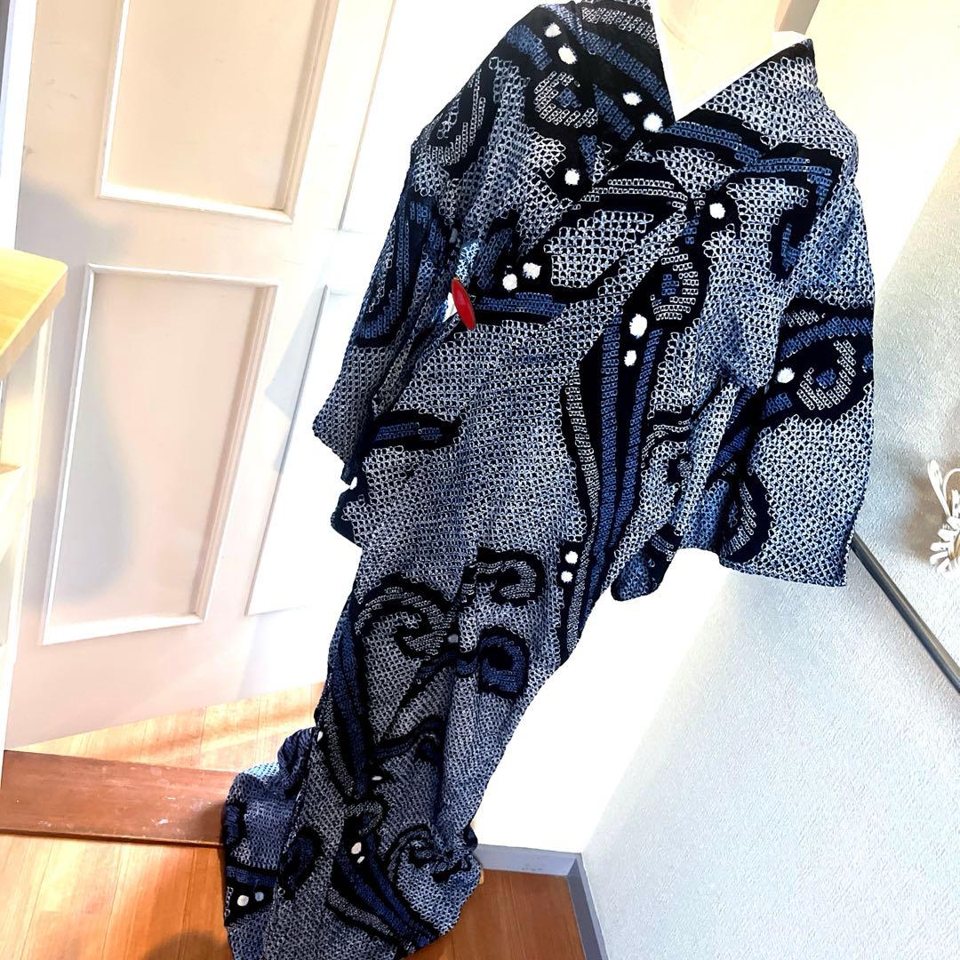 有松鳴海絞り 唐草模様 広襟そう手縫い仕立て 濃紺×ブルー 洗い済み 美品S