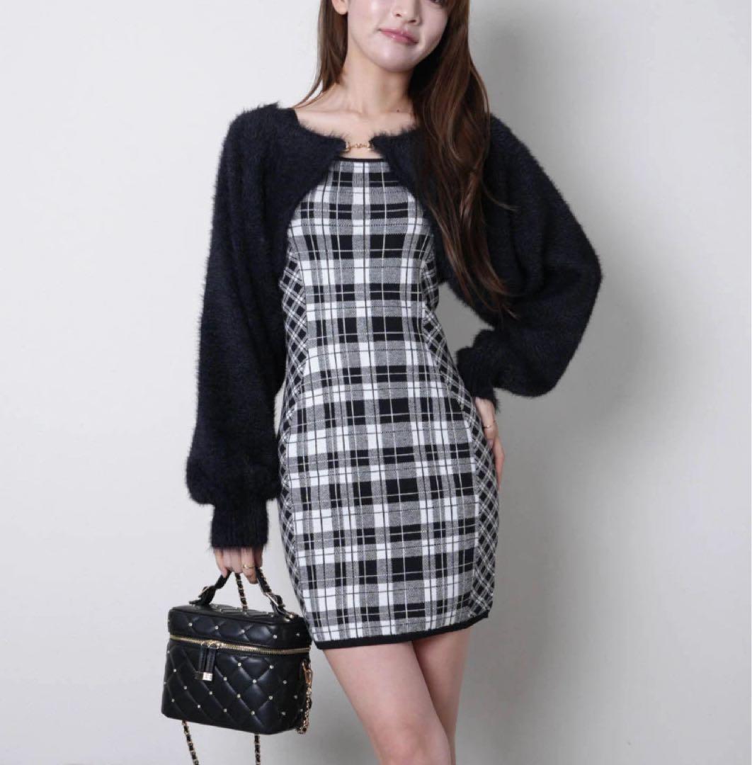 19新品リップサービス定価13090円フェザーチェックアンサンブルワンピース黒S