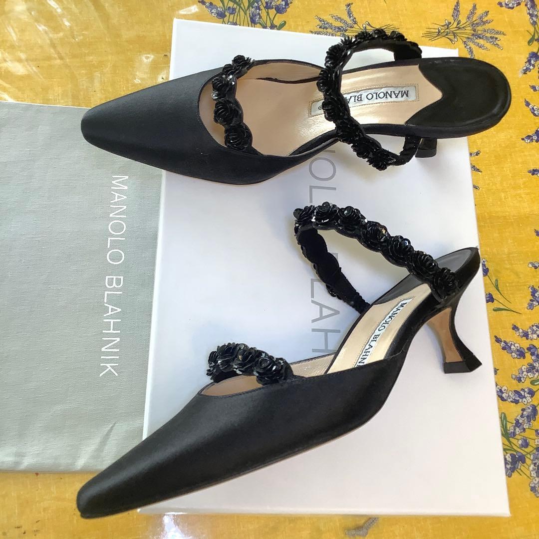 試着のみ新品! マノロブラニク バラモチーフ 極上サテン地 サンダル 22㎝