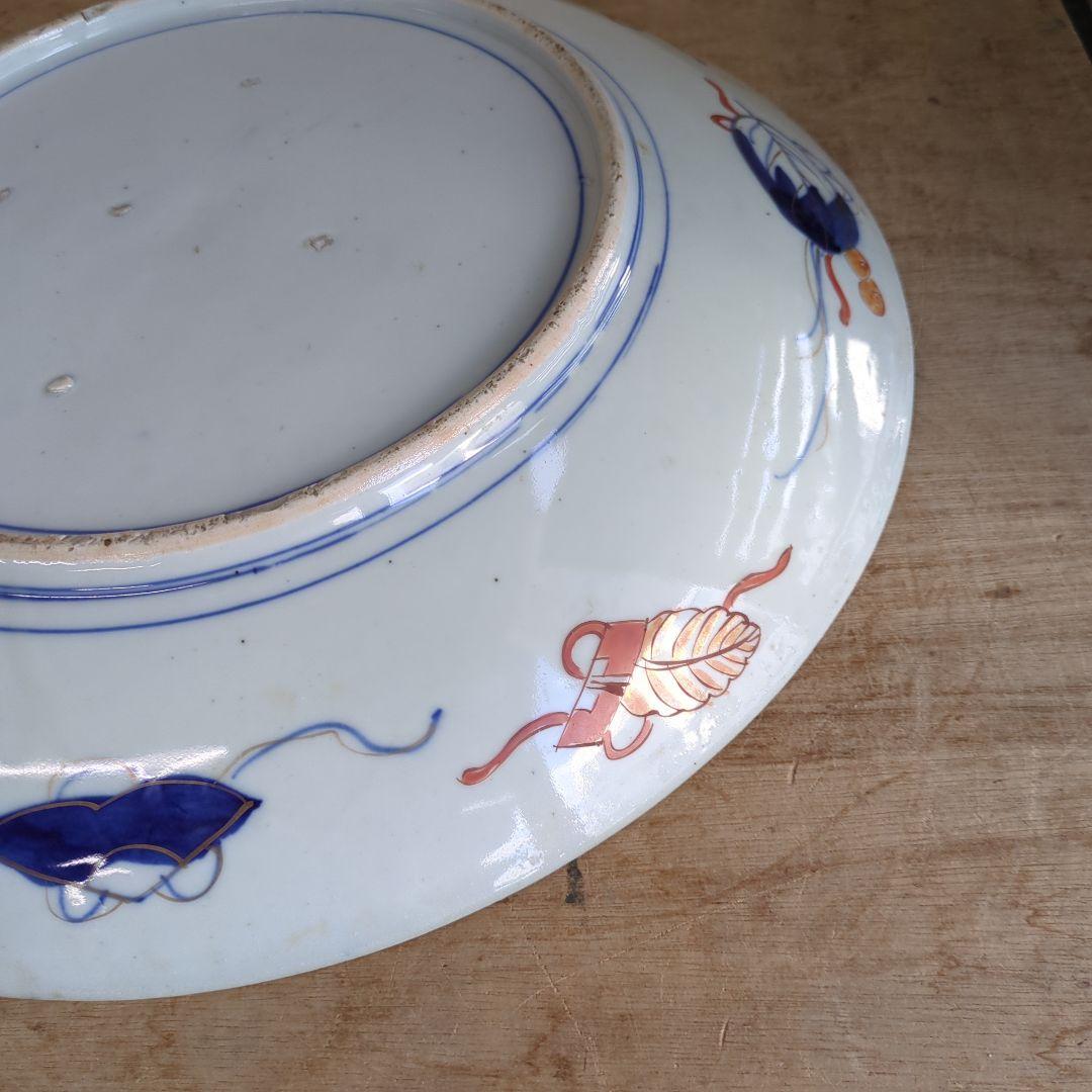 骨董 伊万里 直径45.7cm 大皿 染め錦 飾り皿 盛り皿 明治時代