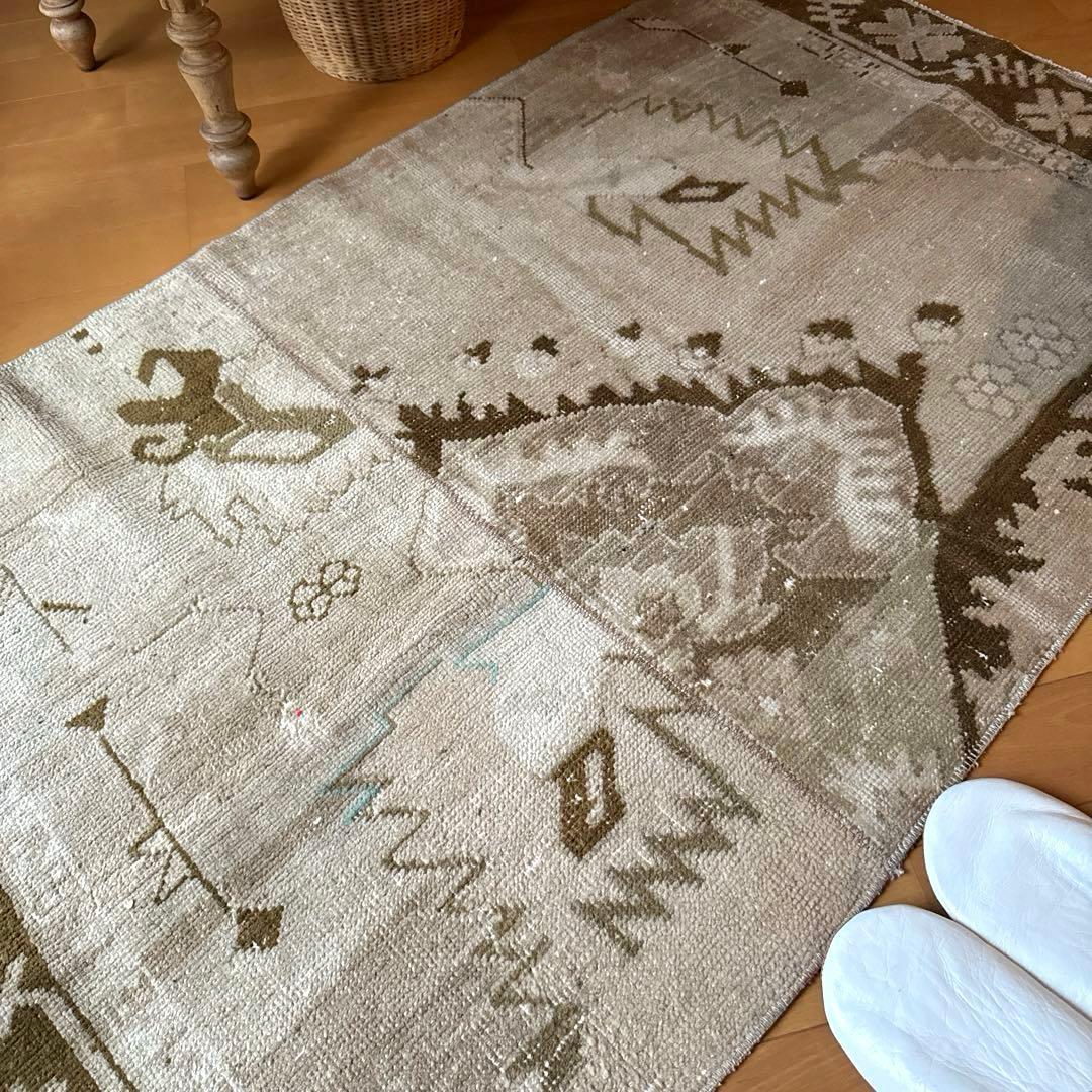 71×124ウール　ベージュ×ブラウン　パッチワーク　トルコヴィンテージラグ