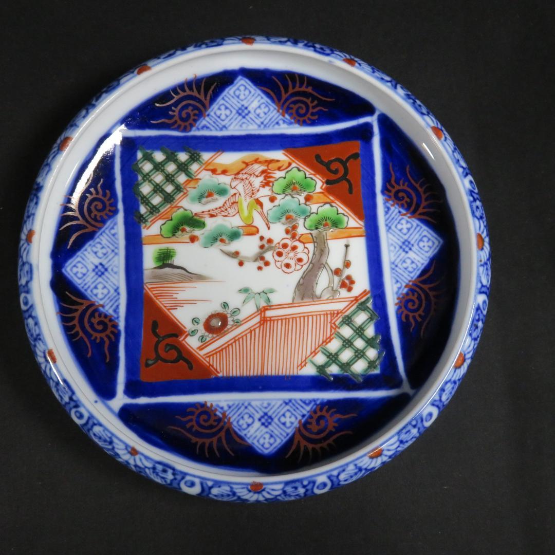 皿 2枚 色絵 古伊万里 変わり縁 鳥 風景 竹 梅
