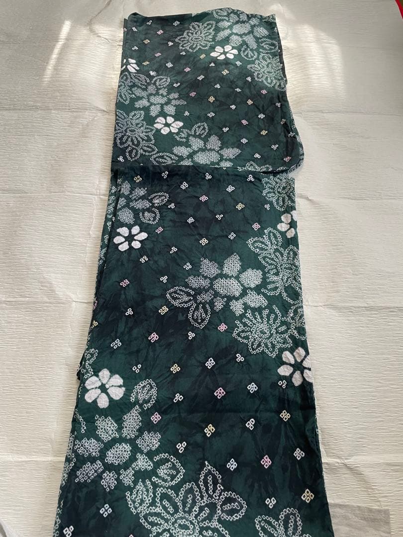 大人の絞り浴衣　ダークグリーン　深緑　希少ふくよかサイズused