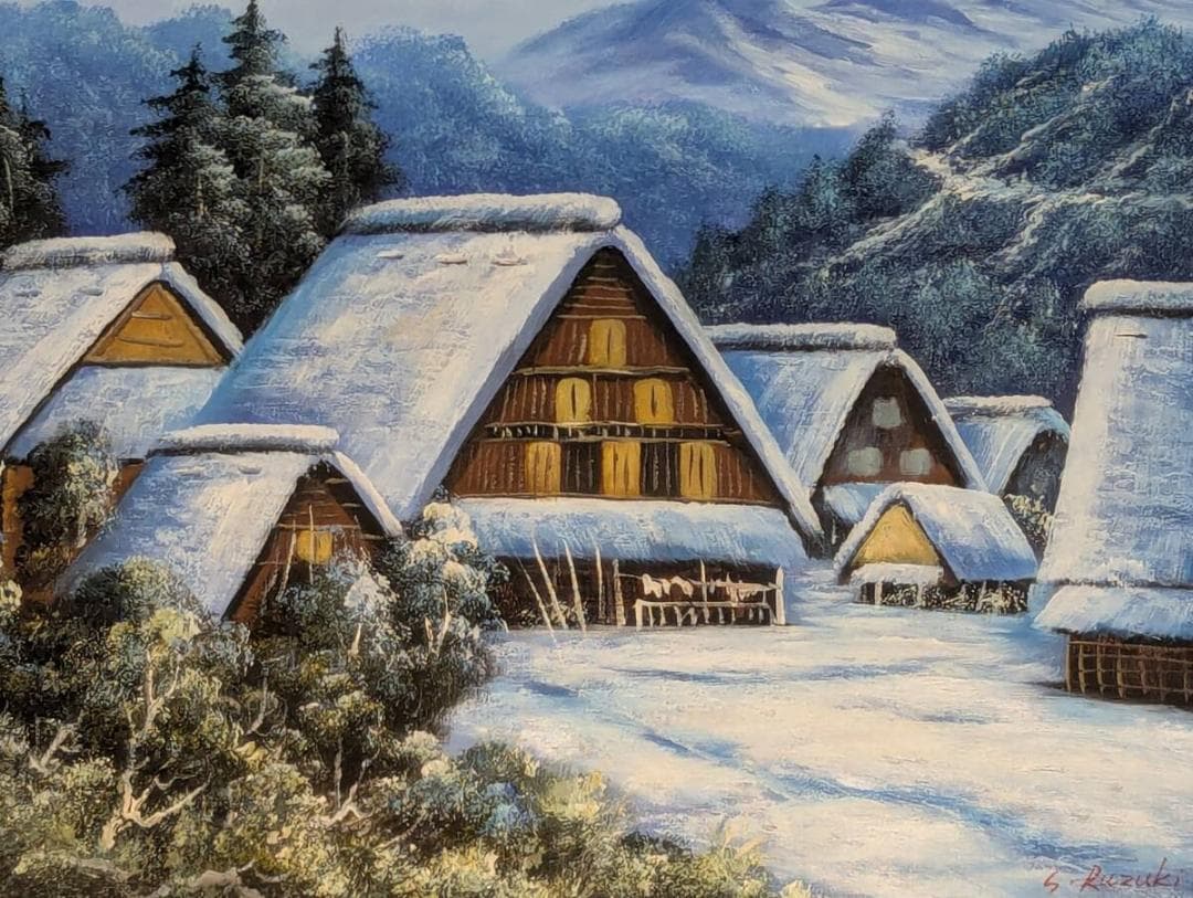 【真作】絵画　油彩6号　雪化粧の合掌造り集落　冬景色　情緒あふれる雪景　Z103