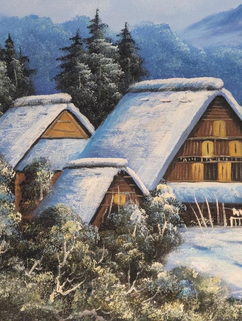 【真作】絵画　油彩6号　雪化粧の合掌造り集落　冬景色　情緒あふれる雪景　Z103