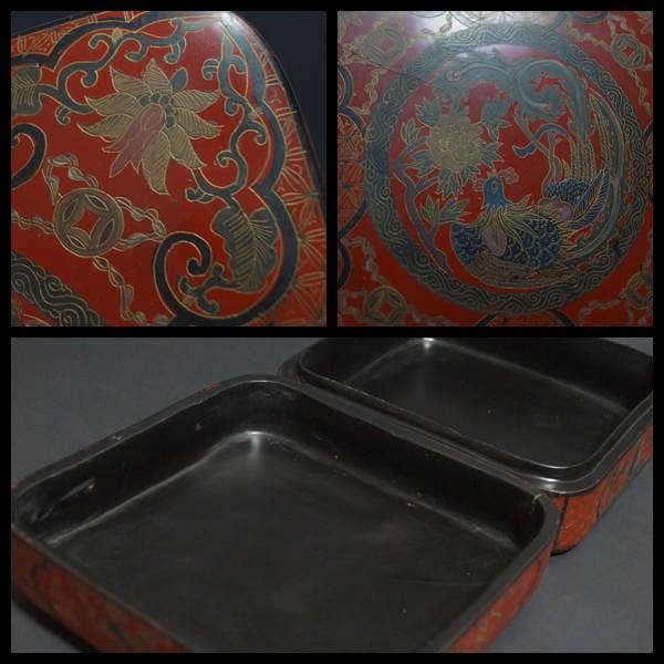 清 木製彫填漆塗 細工彫り『牡丹鳳凰八宝祥瑞文』金彩蒔絵 面取喰籠 蓋物 菓子器