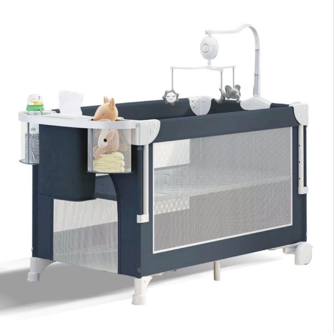 ベビーベッド 添い寝 おむつ台　折りたたみ キャスタ付き 蚊帳　ダーググレー