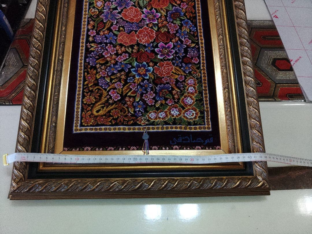 ペルシャ絨毯　イラン　クム産　シルク100%　46cm✕30cm　額装　保証書付