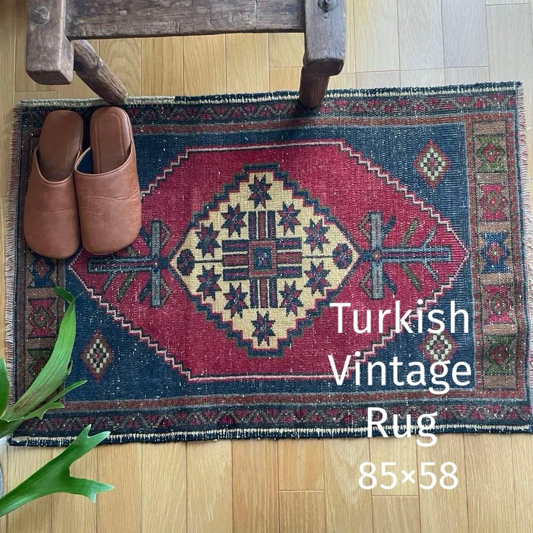 85×58㎝◇トルコヴィンテージラグ　レッド　ブルー　幾何学模様613