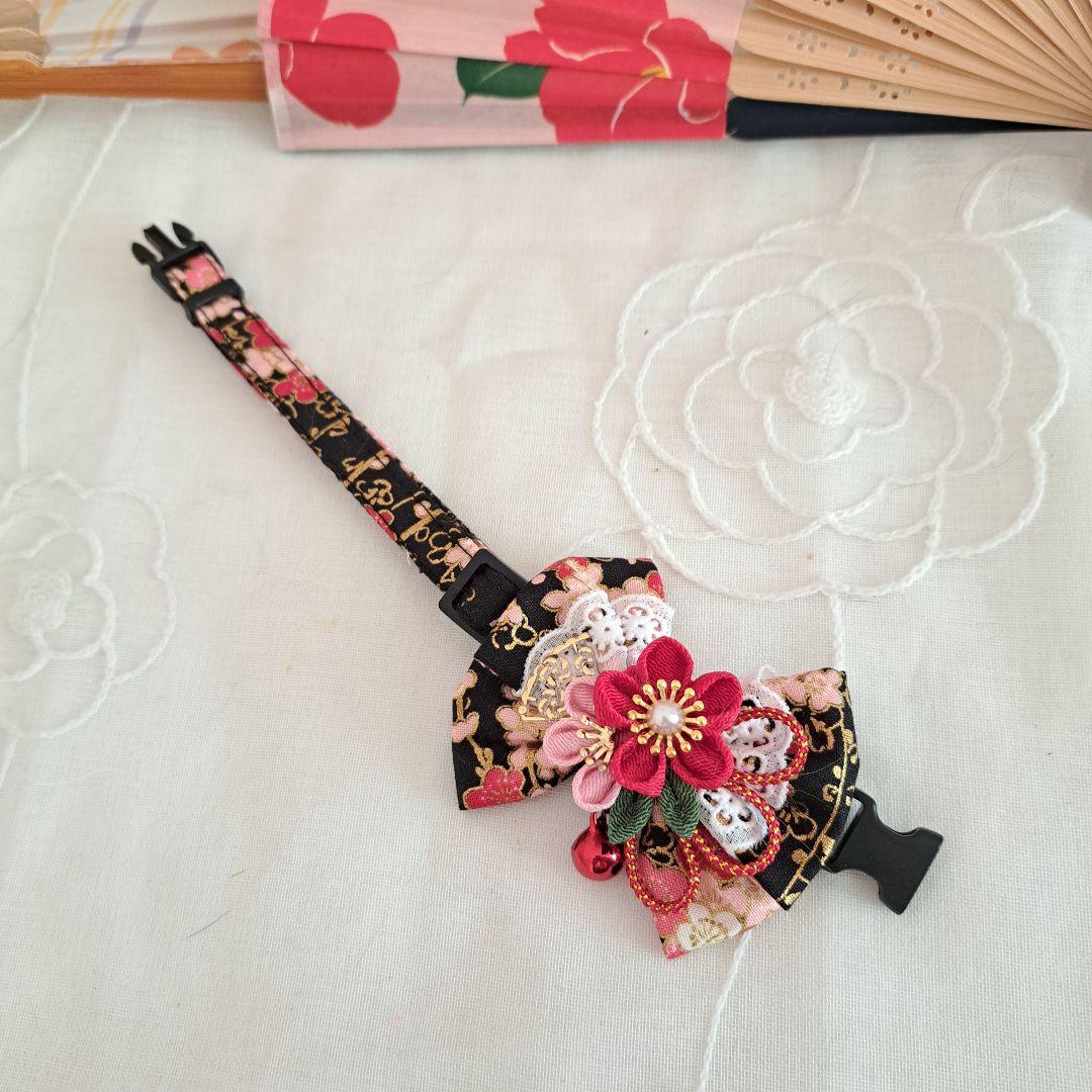 ダブルリボン、和風つまみ細工(黒×赤)わんちゃん猫ちゃん用首輪