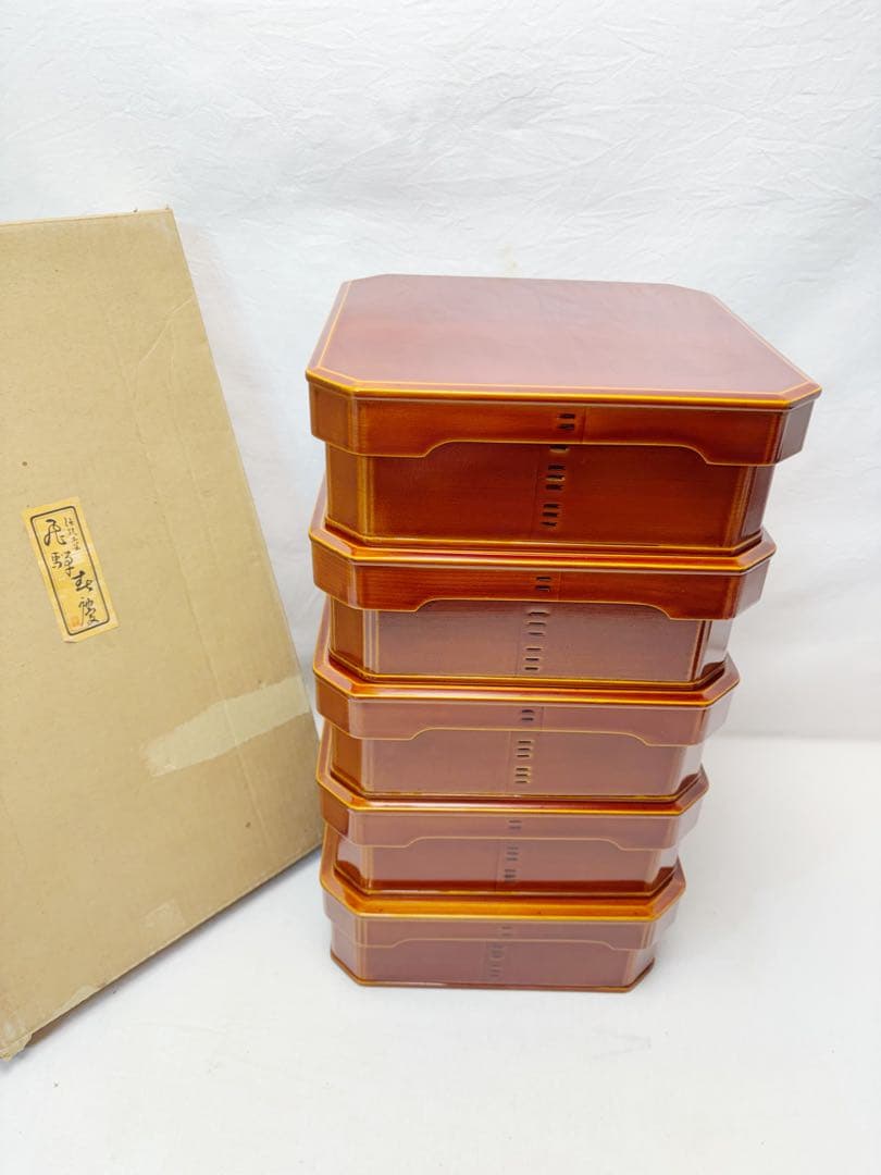 ほぼ未使用 懐石道具 飛騨春慶塗 大徳寺 縁高重箱 五客揃 刻印有 紙箱