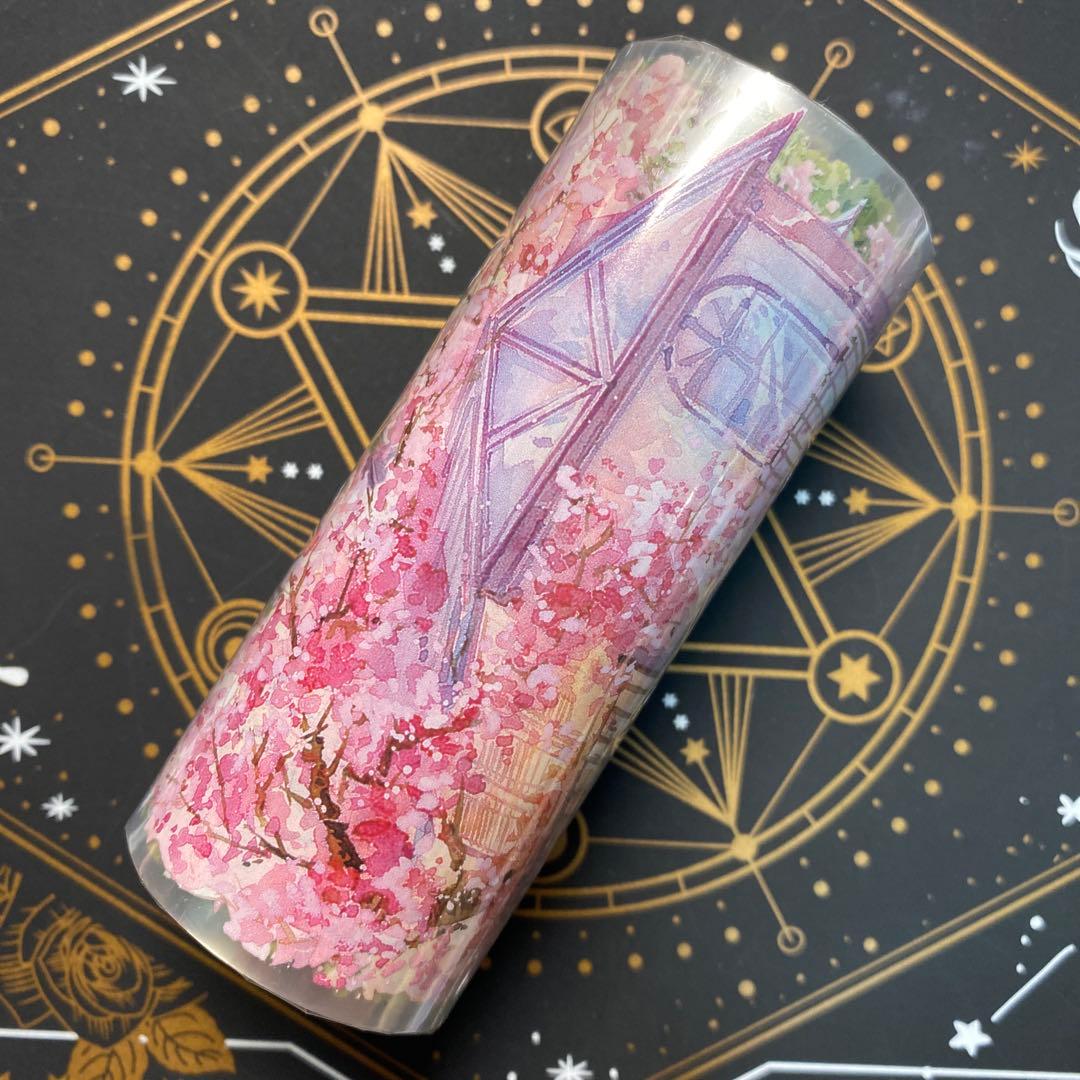 【9080】海外　マステ　5m巻　PETマスキングテープ　桜　木　戸建て　背景系