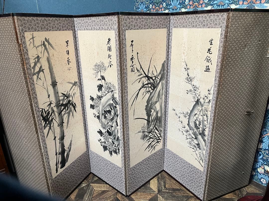 中国屏風 刺繍 雲林山房一修 四季山水 インテリア アンティーク