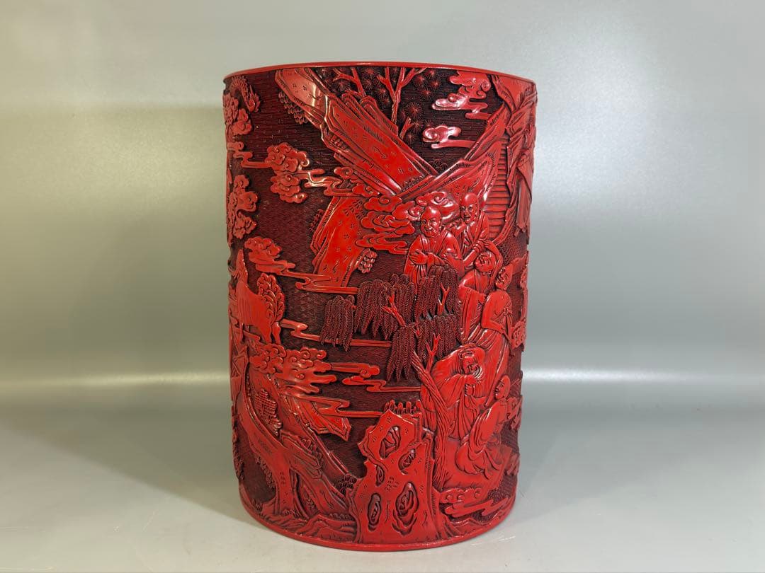 中国 堆朱 刻人物 筒 文房四宝