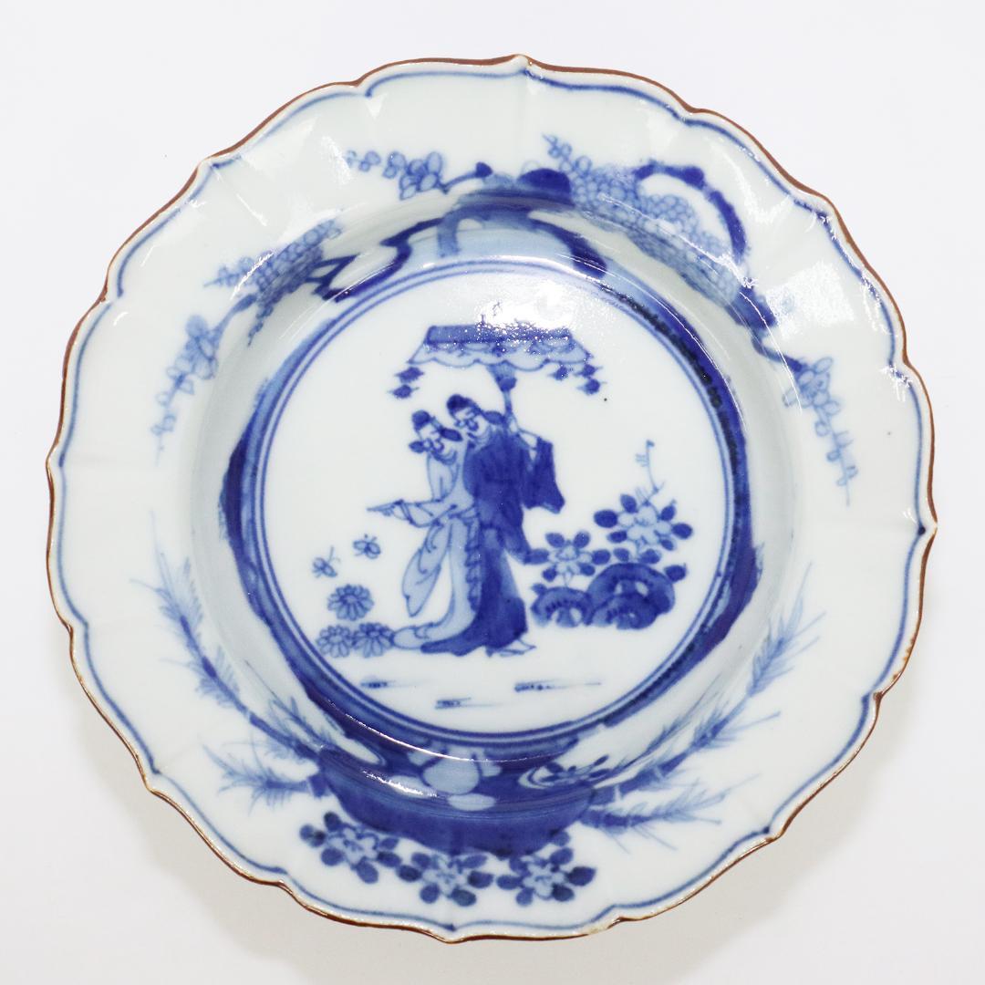 藍模様 輪花膾　古伊万里　角福　5客 賢人図 中皿