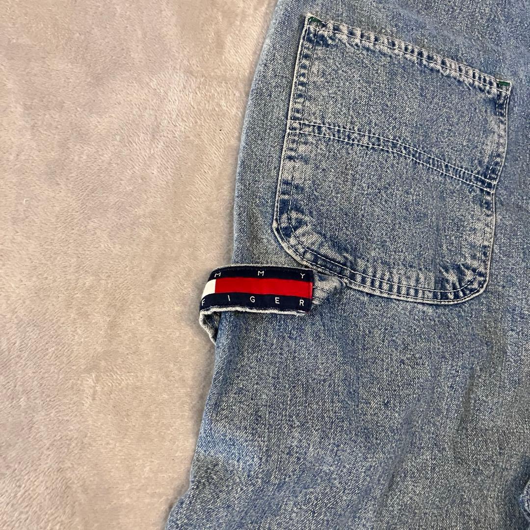 90sトミージーンズ　カナダ製オーバーオール肩紐切り替えデザイントリコロール刺繍