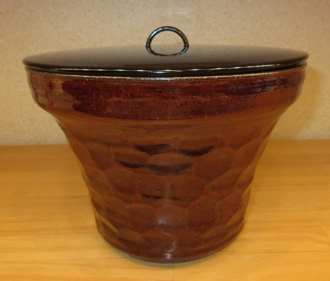 送料込【逢絢亭】茶道具 水指 京焼 飴釉 裏千家好写 末広水指 栄昌作 共箱入り