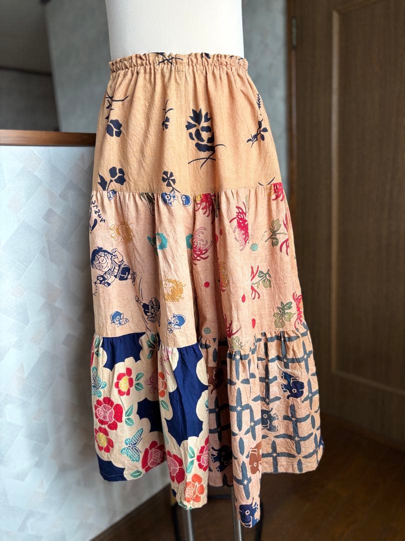 柿渋染め手ぬぐいの3段ティアードパンツ　浴衣リメイク　ゾウ　おかめ　祭り半纏