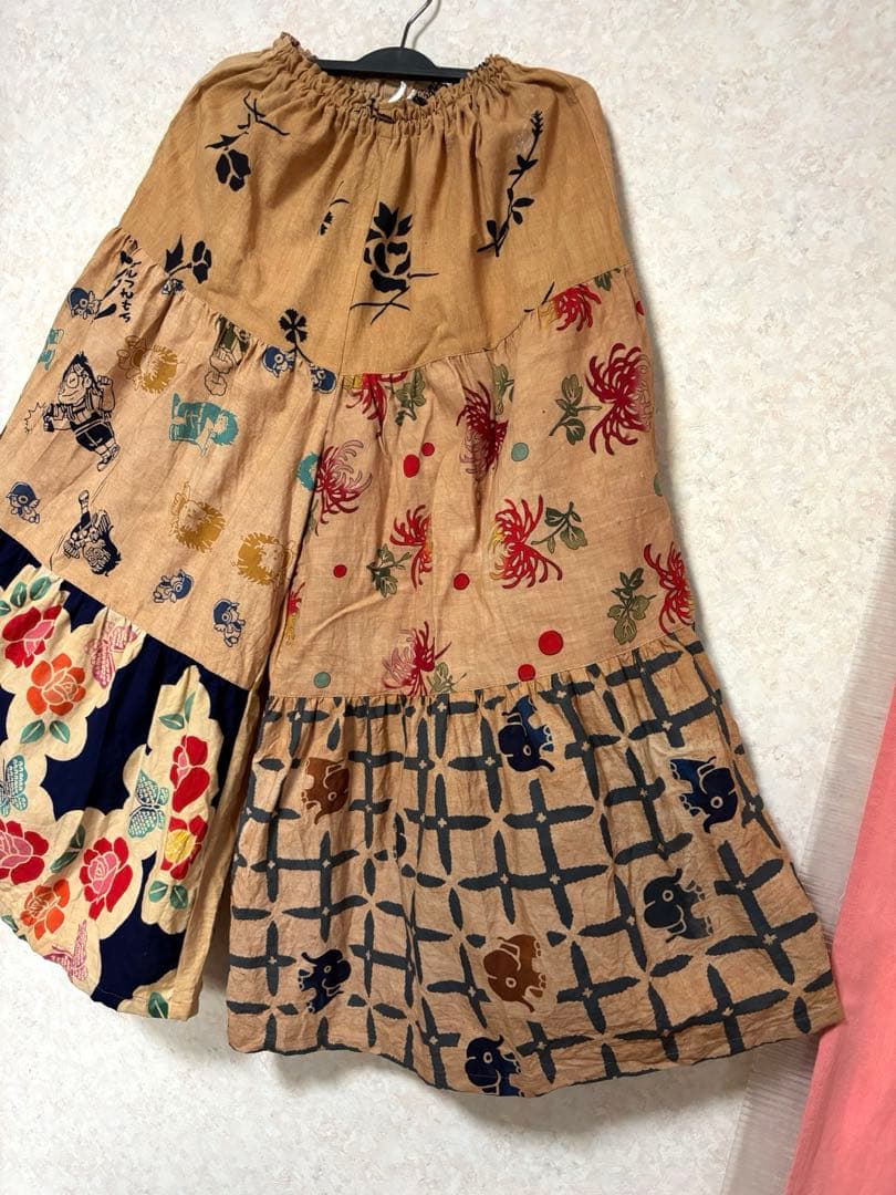 柿渋染め手ぬぐいの3段ティアードパンツ　浴衣リメイク　ゾウ　おかめ　祭り半纏