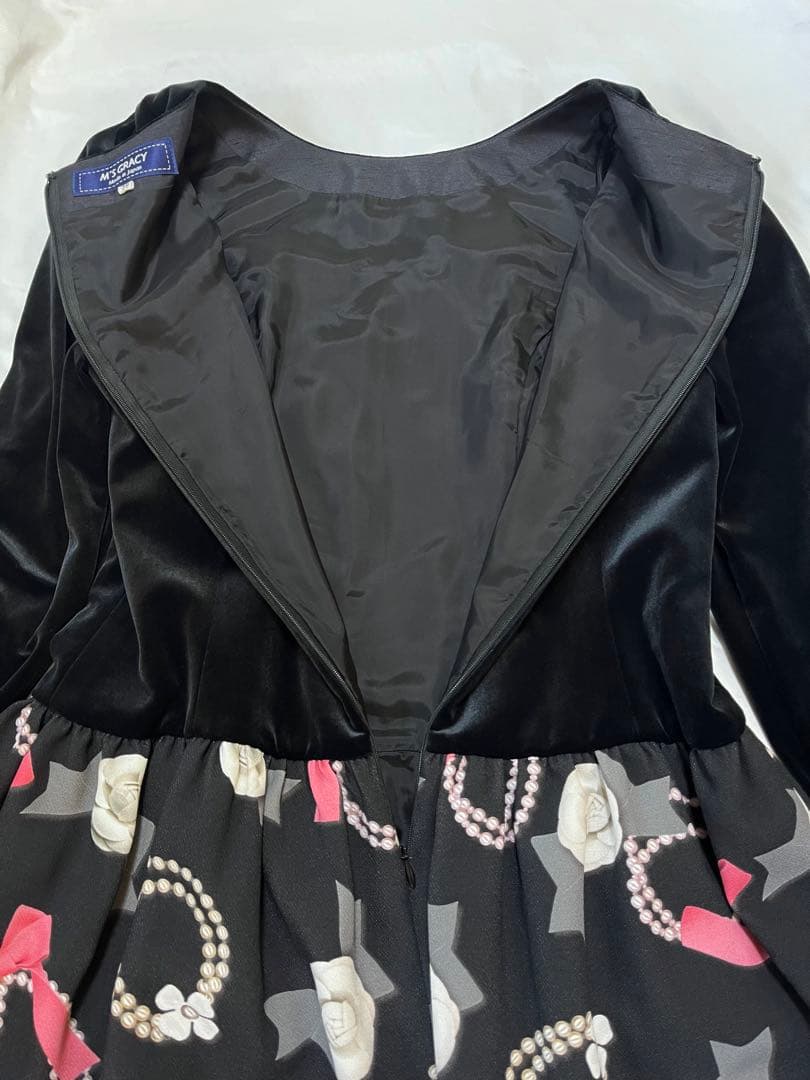 【極美品】M'S GRACY ワンピース ベロア カメリア リボン パール柄