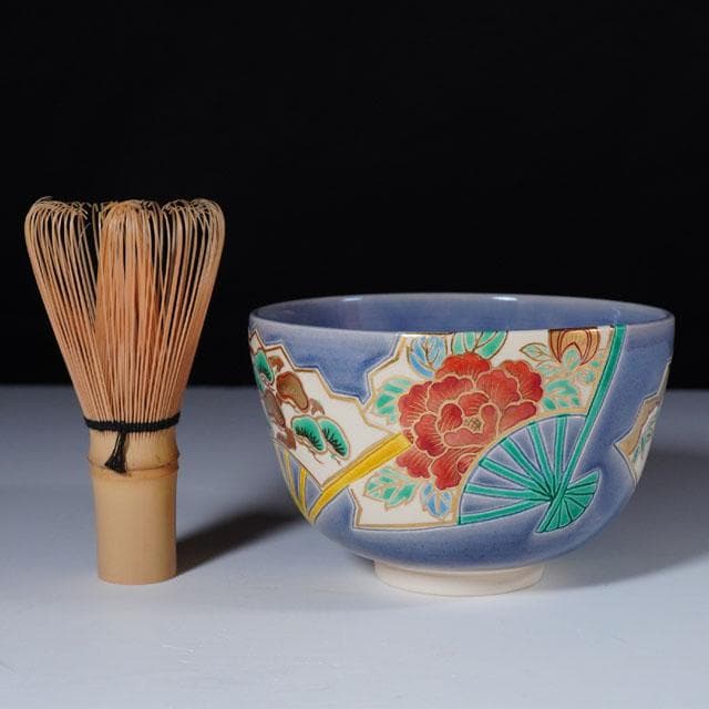 中村翠嵐　紺紫交趾扇面茶碗　共箱　茶道具　抹茶碗　京焼