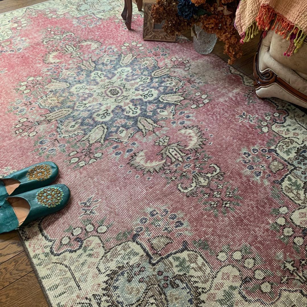ペールピンク　トルコヴィンテージラグ　215×116 メダリオン