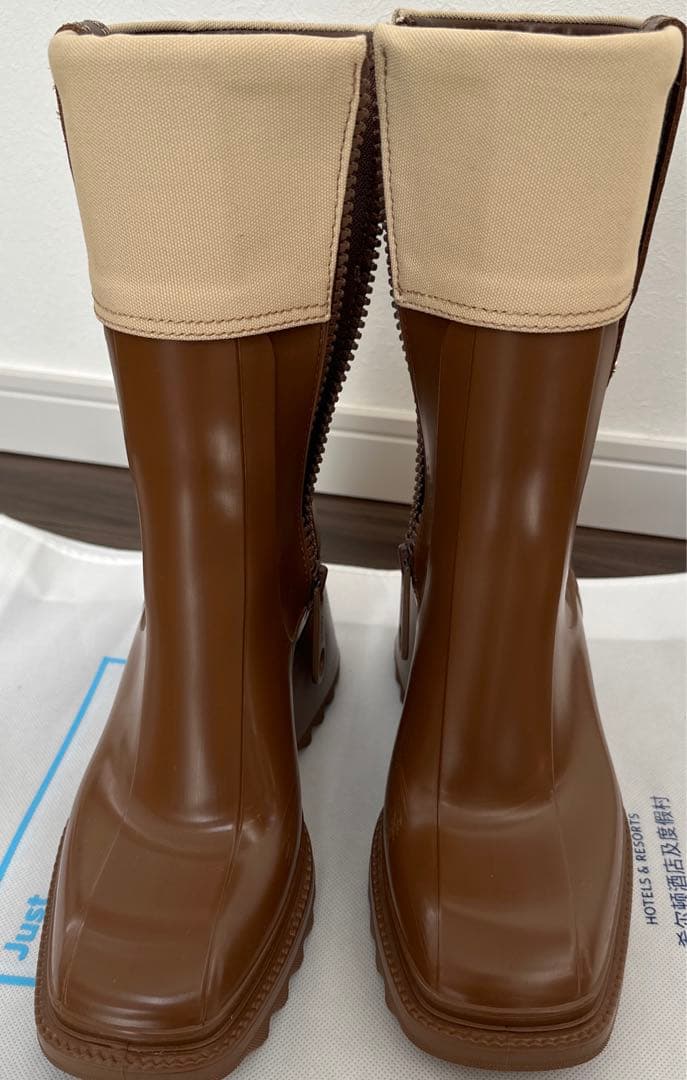 数回着用のみ♪ Chloe PVC キャンバスレインブーツ　ブラウン　晴雨兼用